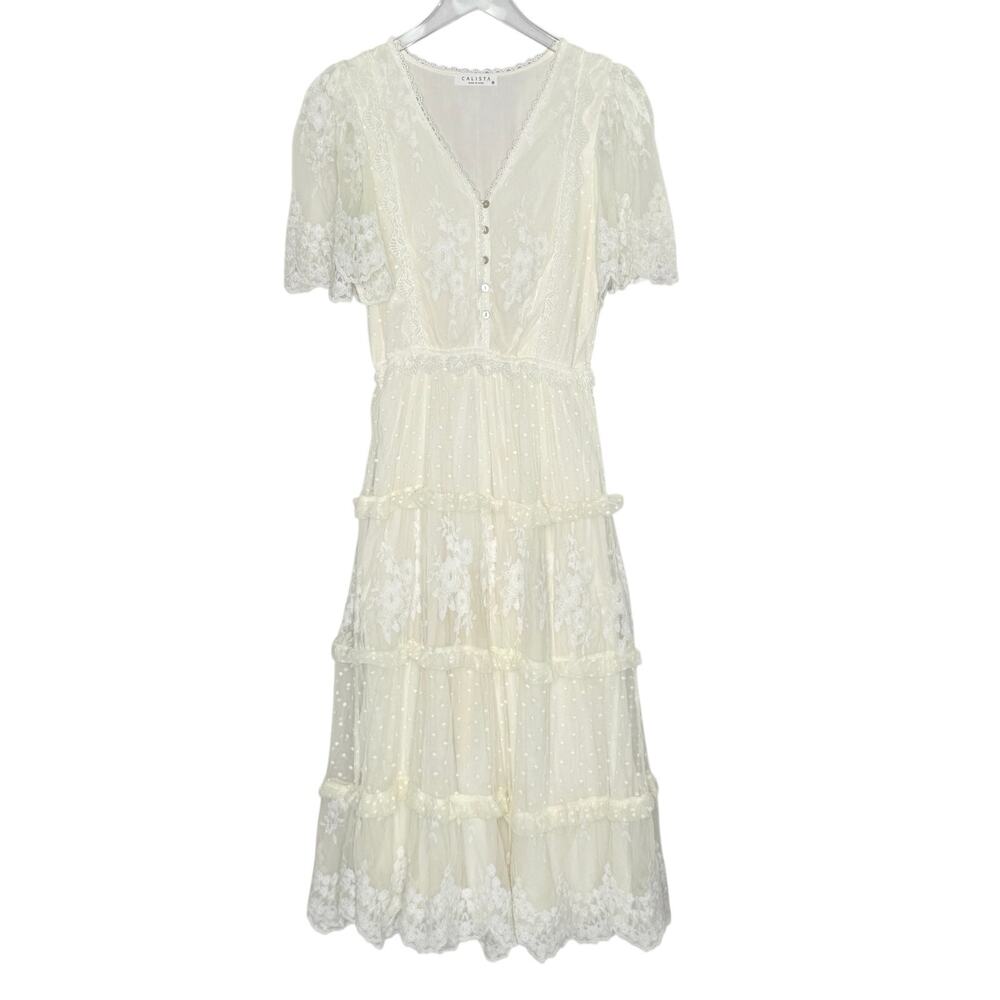 Calista Bohemian Lace Tiered Midi Dress S Ivory Renaissance Fairy Boho